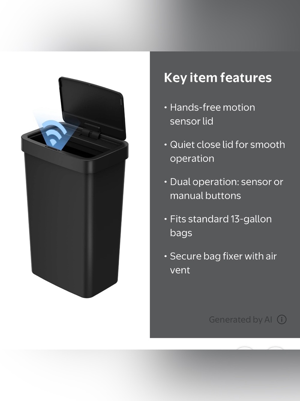 Mainstays Black Motion Sensor Trash Can with Soft-Close Lid